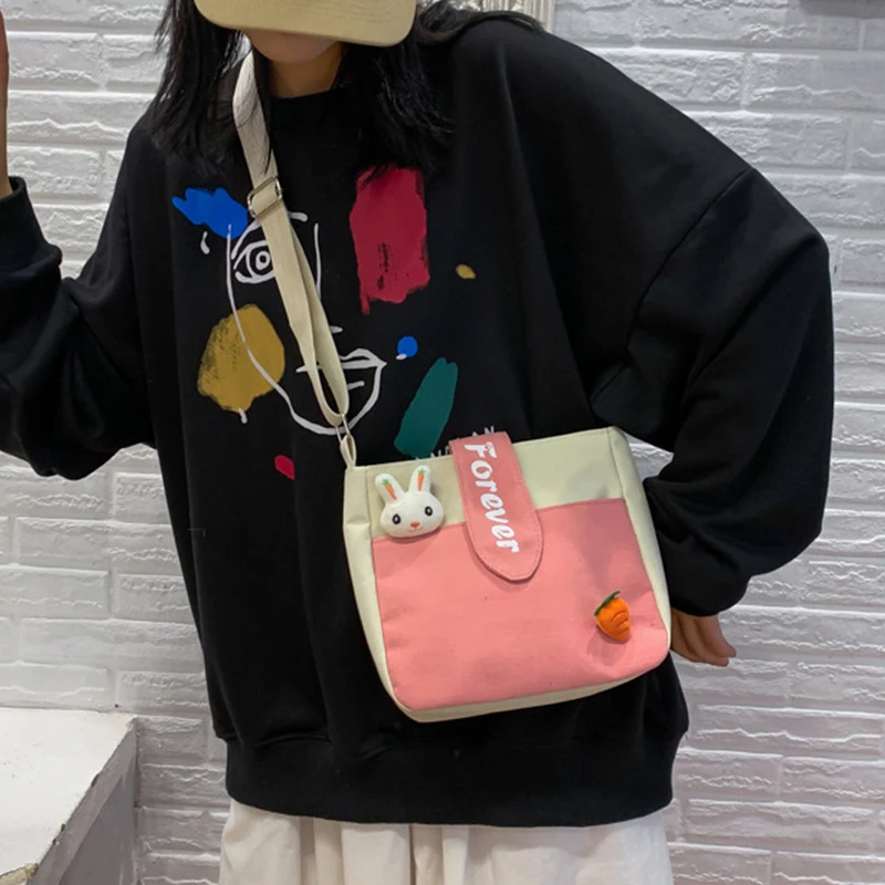 

Animal Rabbit Cute Crossbody Bag for Women Kawaii Cartoon Girls Shoulder Bag Anime Canvas Casual Clutch Weekender Letter Pink