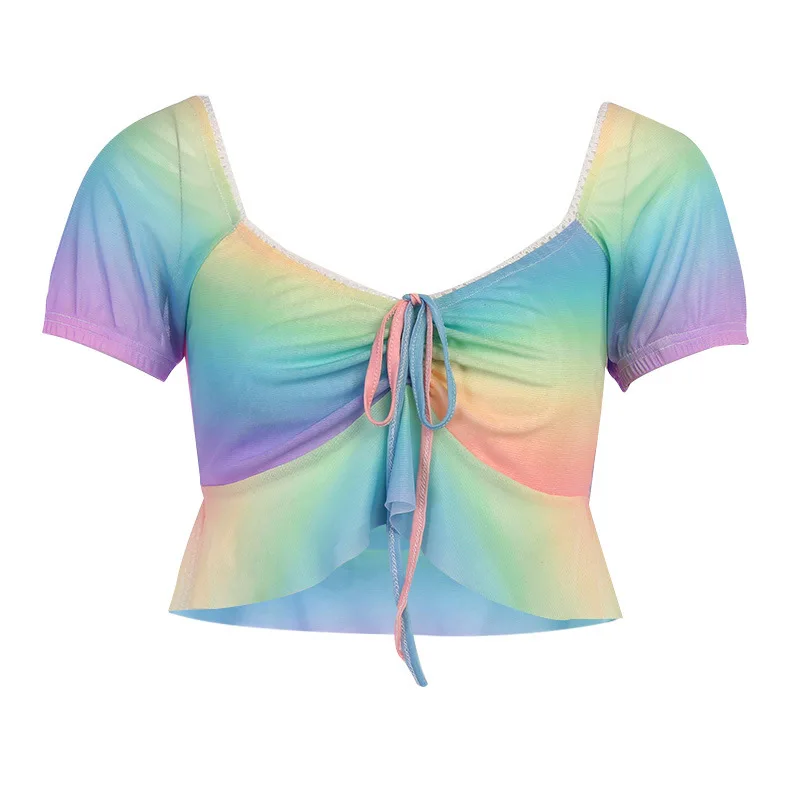 

TRODEAM Harajuku Sexy Y2K Shirt Ruffles Egirl Vintage Crop Tops Kawaii Low-cut Printed Ruched Summer Rainbow T shirt Tops Girls