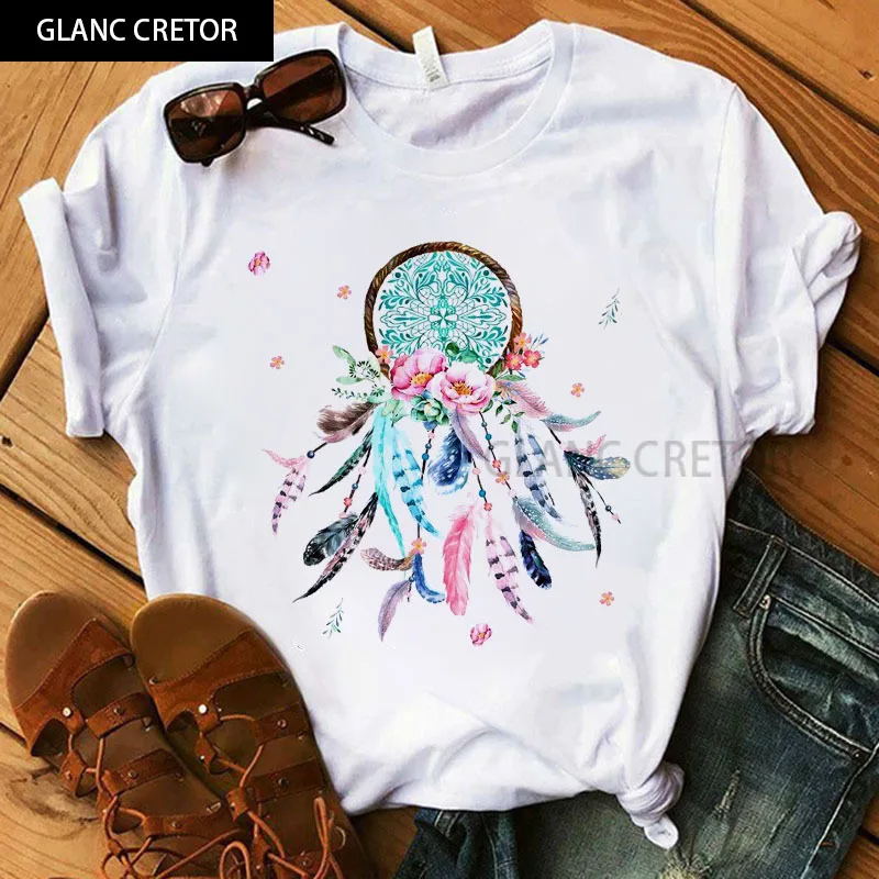 

Women's T-shirt Harajuku O-neck top women's Kawaii Street summer casual clothing short sleeves Flower Dreamcatcher T-shirt