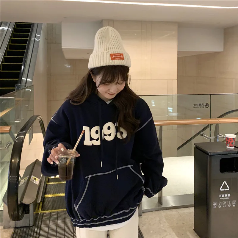 

XZ1136 2021 new women's autumn and winter plus velvet thick loose bf wind hooded Sweatshirts