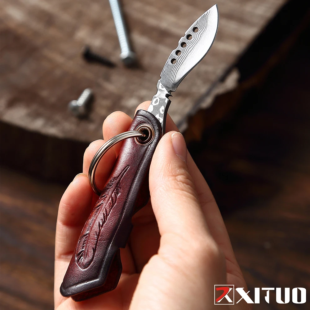 XITUO дамасский складной нож мини острый уличный кухонный шеф повара карманный с ключом изысканная кожаная