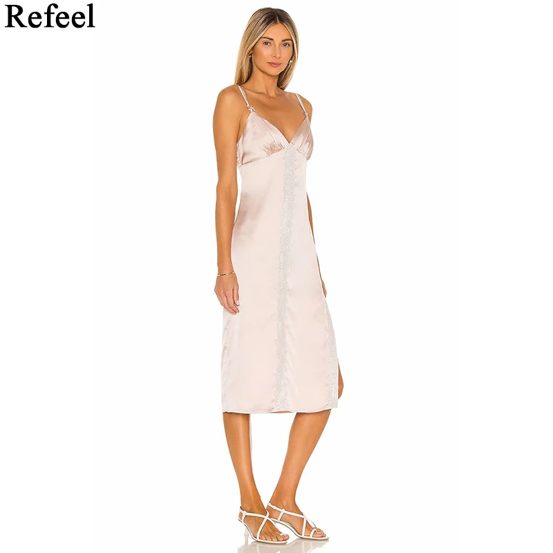 

Fashion summer dress women hidden back zipper closure side slit design details satin fabric with lace trim pink maren dress