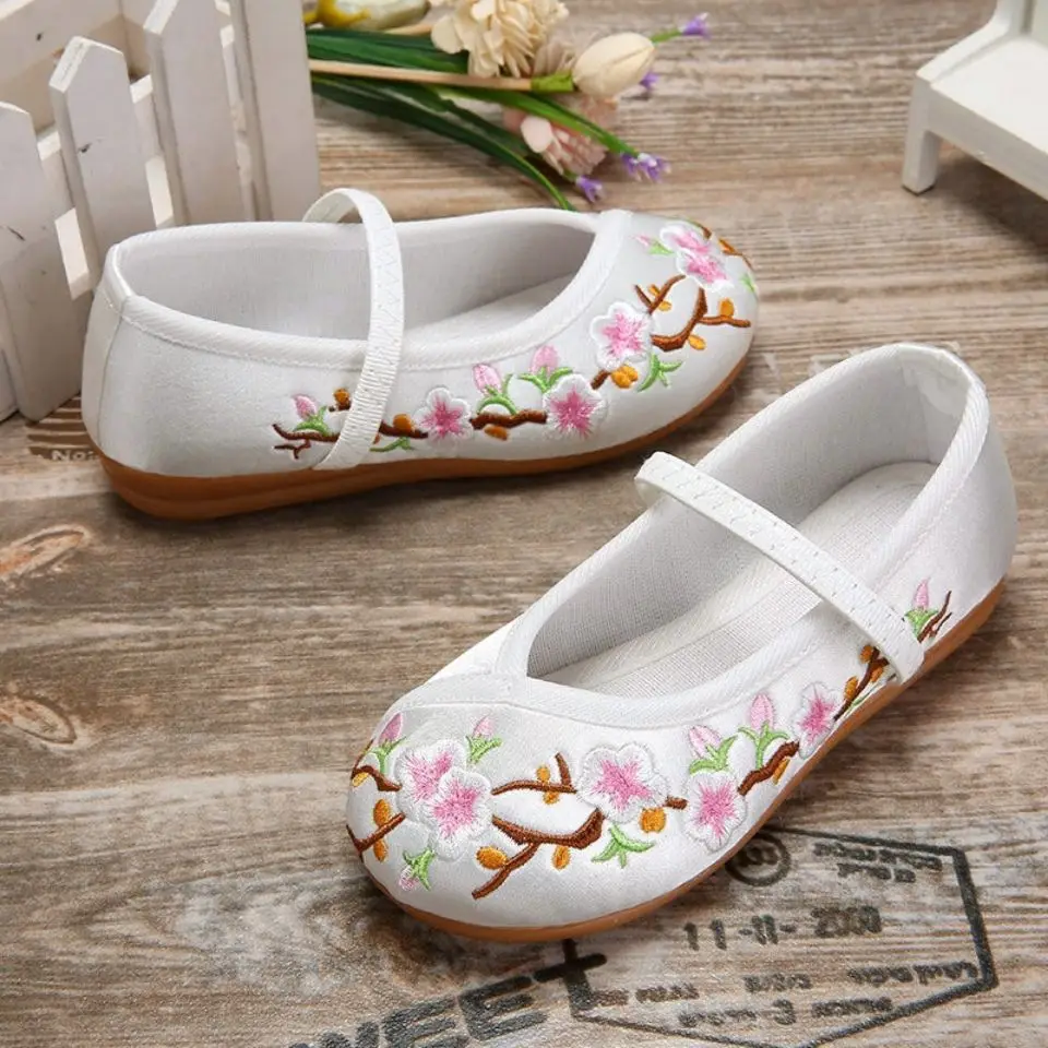 Kids Peach Flower Embroidered Women Canvas Ballet Flats Ladies Casual Comfort Slip-on Ballerinas Chinese Hanfu Cosplay Shoes images - 6