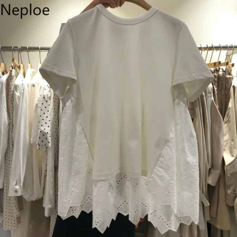Neploe Ажурные кружевные лоскутные футболки Woomen новые с круглым вырезом и короткими