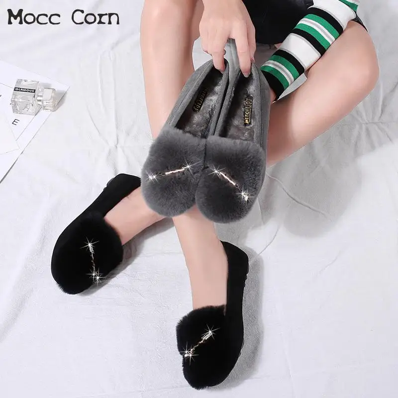 Зимние теплые меховые лоферы Женская обувь на плоской подошве из плюша Женские
