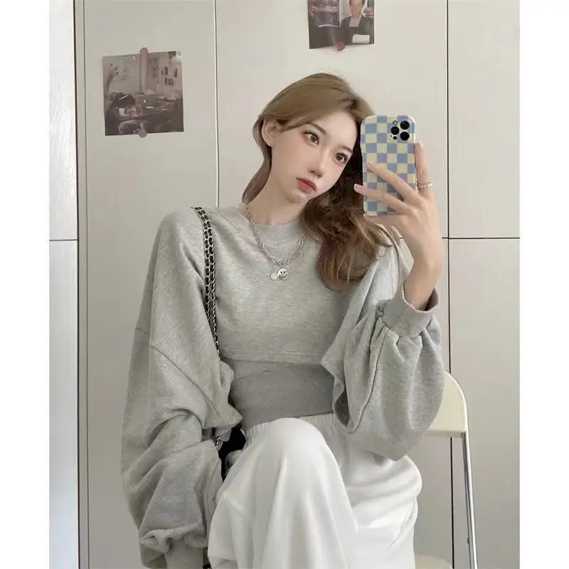 

Two-piece Women Pullover Long-sleeved Sweatshirt + Camisole 2021spring Autumn Hoodie Gray O-neck Short Cropped Dance Female Top