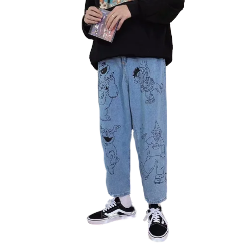 

Fahsion Cartoon Printed Jeans for Men Straight Loose Korean Hip Hop Teenagers Students Ankle Length Denim Jean Pants Homme