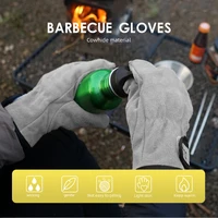 two layers leather outdoor camping bbq gloves anti scald heat resistant kitchen cooking anti slip hard wearing oven mitts