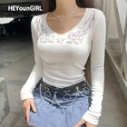 Женский топ с V-образным вырезом HEYounGIRL, базовая черная Повседневная Осенняя Футболка с принтом стразы, футболка с длинным рукавом
