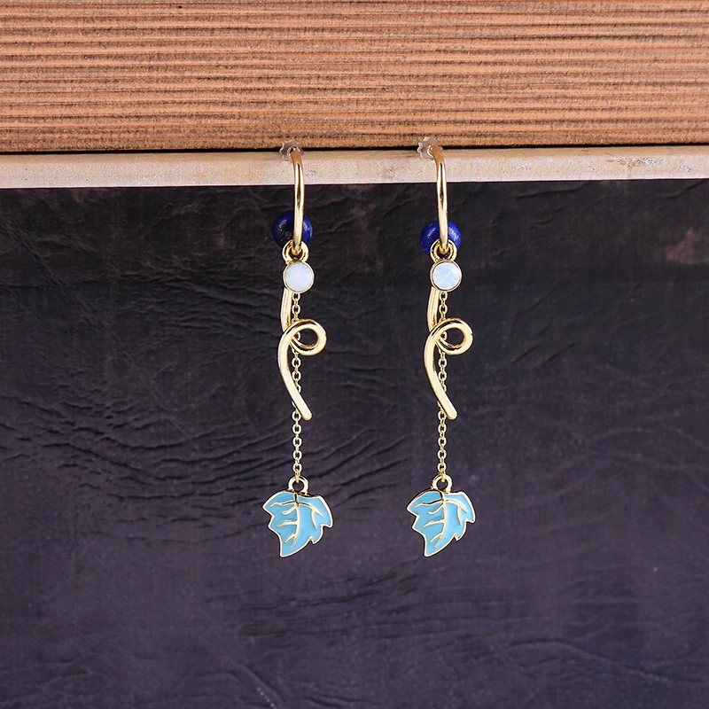 Модные серьги капельки уникальные синие эмалированные листья натуральная