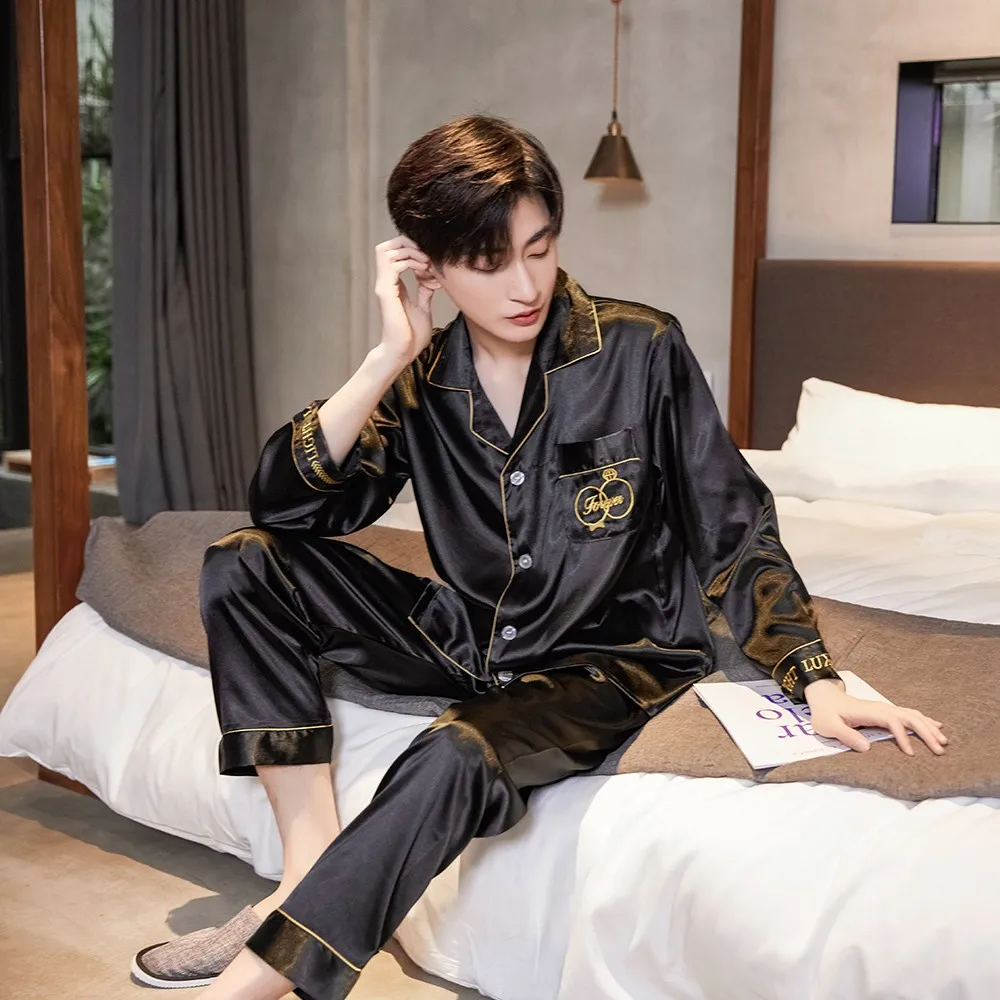 

2PCS Pajamas Set Male Satin Shirt&Pant Faux Silk Pijamas Suit Casual Men Sleepwear Plus Size 3XL Loose Homewear Soft Pyjamas