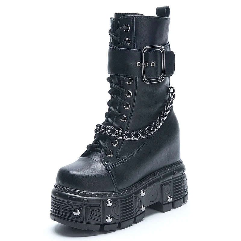 

2021 Fleece-Lined Hidden Martens Boots Women's 12cm Internet Celebrity Winter British Rivet Leather Thick Bottom Mid-Calf