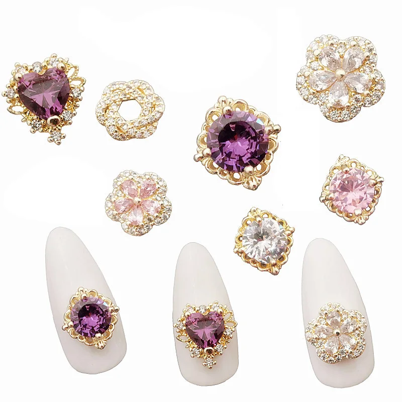 

5pcs Japanese Korean Luxury Zircon Diamond Nail Jewelry Real Gold Electroplating Five-Petal Flower Love Nail Art Decoration