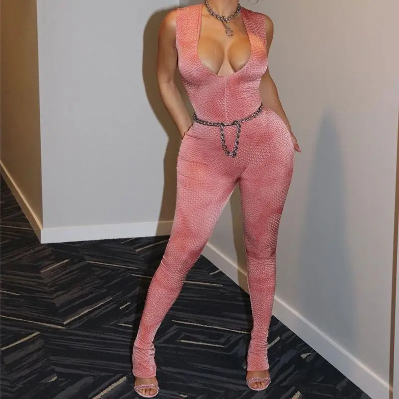 

Женский комбинезон без рукавов, розовый Облегающий комбинезон с глубоким V-образным вырезом, спортивный костюм в стиле Харадзюку, осень 2021
