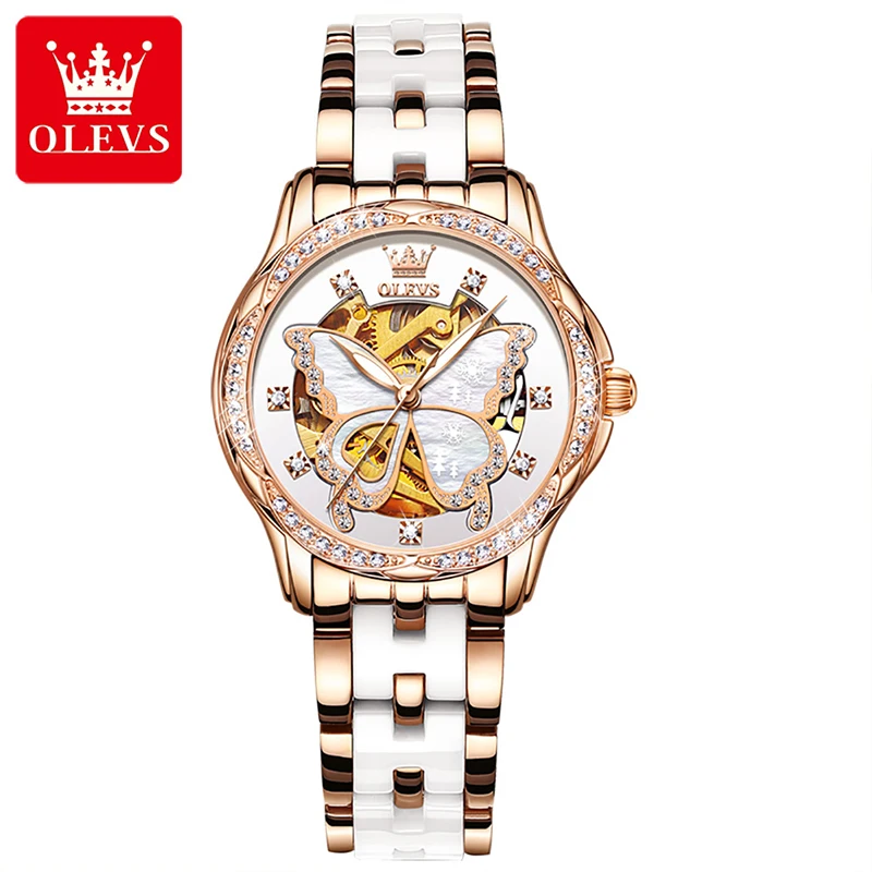 

OLEVS New Fashion Casual Ladies Automatic Mechanical Ceramic Steel Belt Watch Diamond Butterfly Dial Waterproof Watches 6622