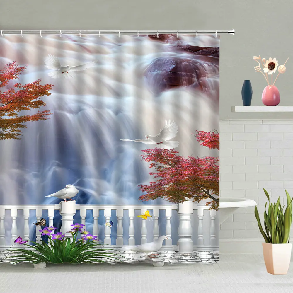 

Waterfall Mountain Forest Shower Curtain Flower Bird Green Tree Sky Sunset Scenic Hanging Curtains Bathroom Waterproof Decor Set