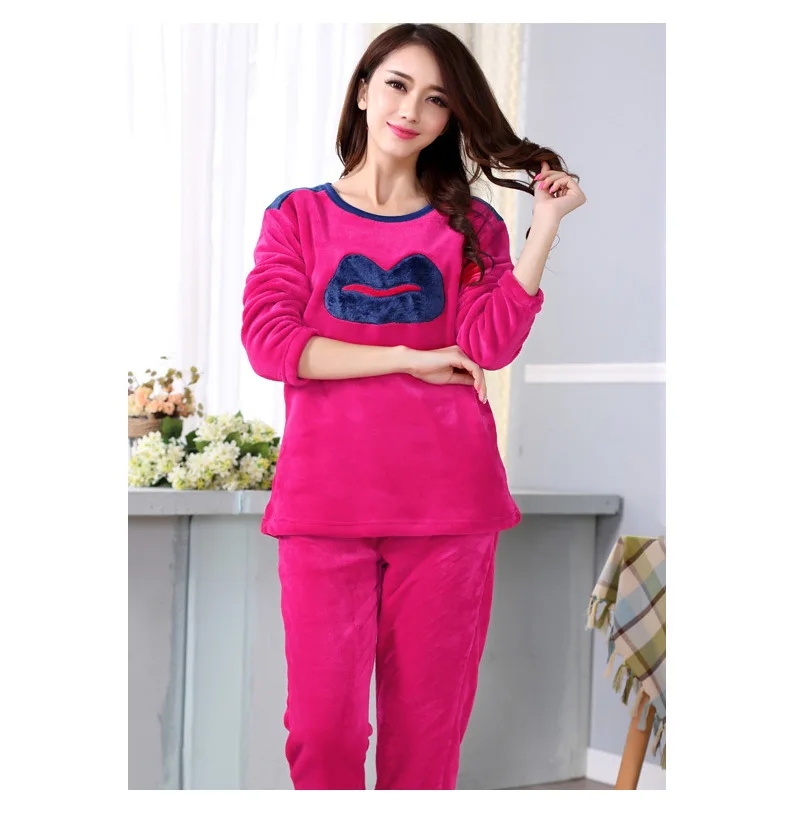 

Winter Women Long Sleeve Flannel Pyjamas Sets Female Thick Warm Coral Velvet Pajamas Set Cute Lips Embroidery Sleepwear Suit