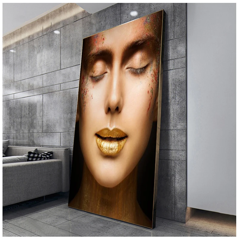 

Modern Art Canvas Painting Female Golden Lips Poster Wall Art Picture Room Decoration Bedroom Living Room Home Decoration