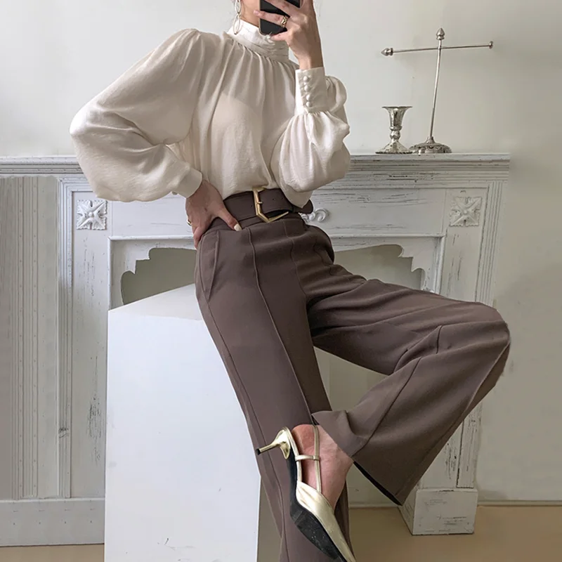 

Korean Chic Autumn Winter Temperament Wide Leg Casual Cargo Pants Women With Belt High Waist Straight Pantalon Femme Clothes