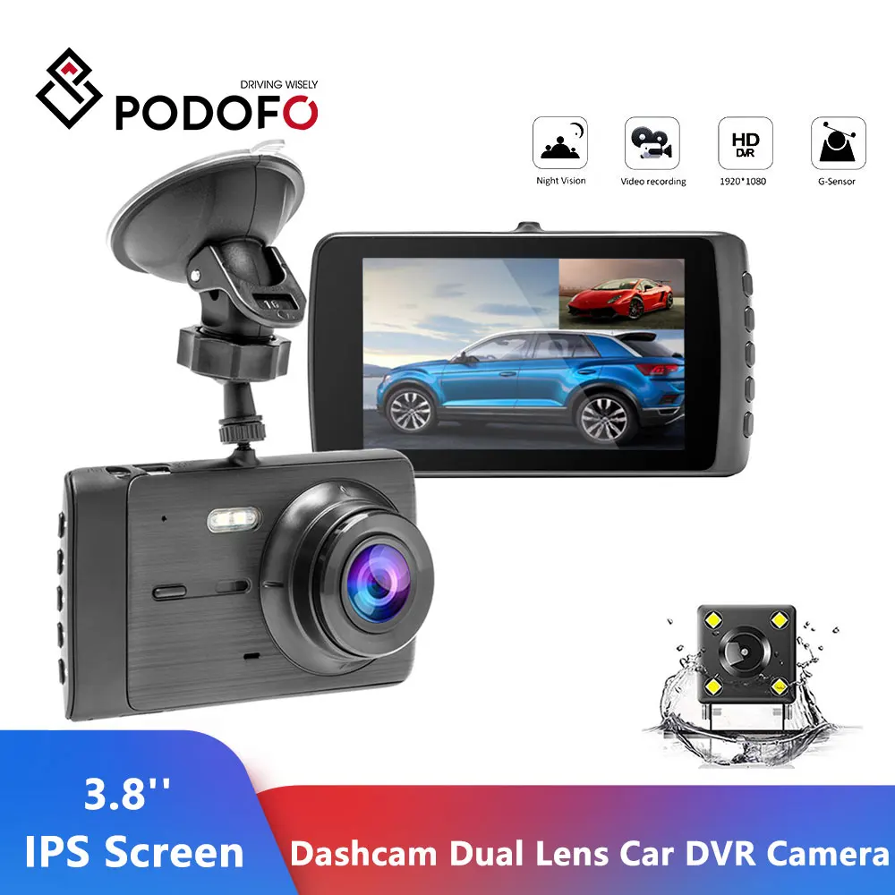 Podofo Dashcam двойной объектив Автомобильный видеорегистратор Камера FHD 1080P 3 8 ''ips