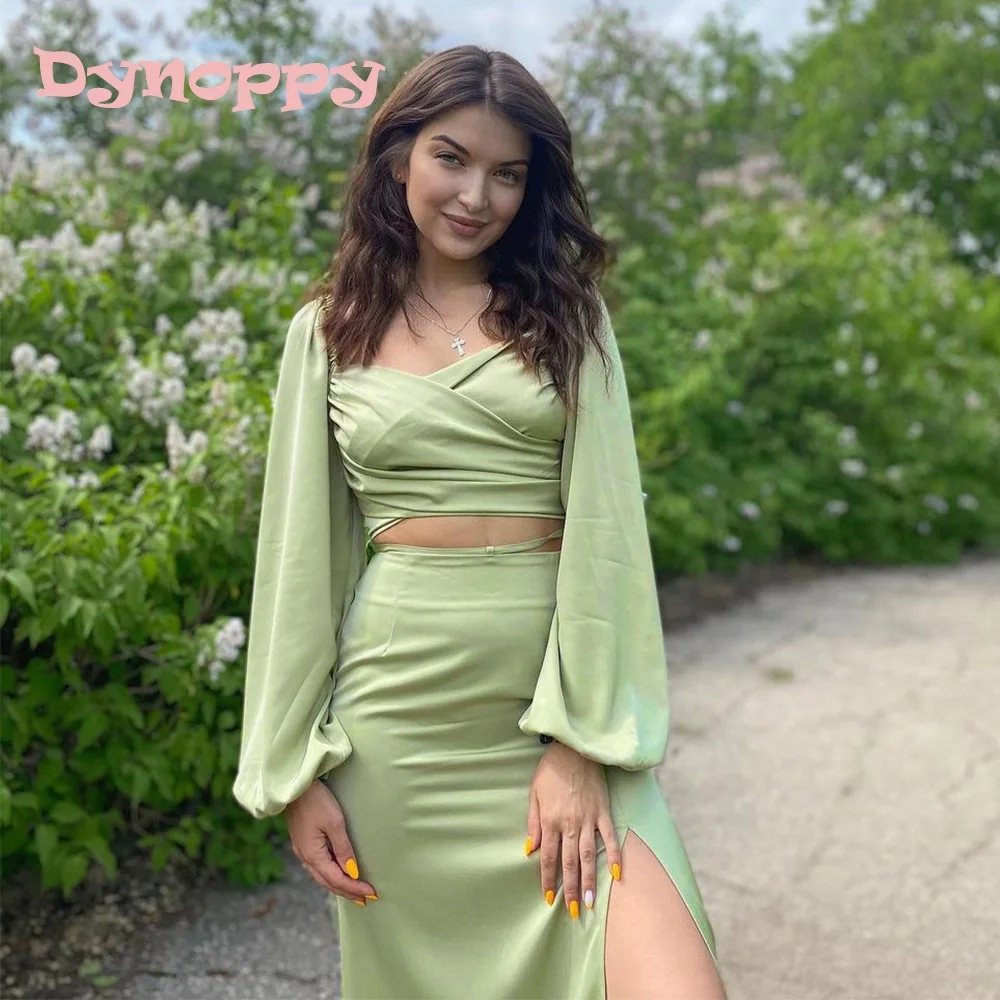 

Dynoppy Elegant Long Sleeve Crop Tops And Midi Dresses Party Beach Outfits Chic Pleat Sexy Draped Silk Satin Green 2 Piece Sets