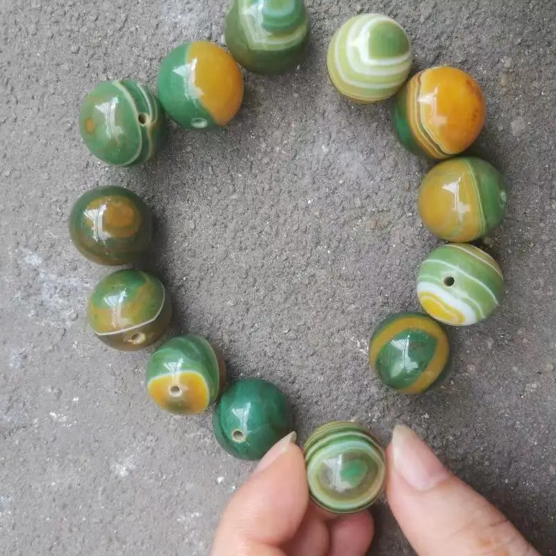 

20MM natural agate beads 13pcs/lot Honey candy berry yellow Rare yellow-green two-color stripe pattern Bulk wholesale jewelry