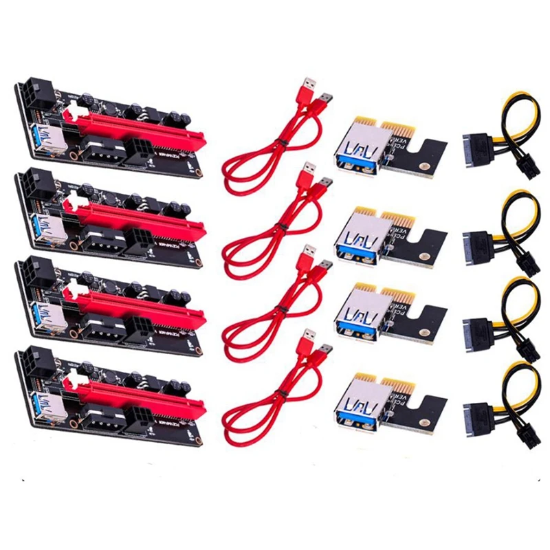 

4Pcs VER009 USB 3.0 PCI-E Riser VER 009S Express 1X 4X 8X16X Extender Riser Adapter Card SATA 15Pin to 6 Pin Power Cable