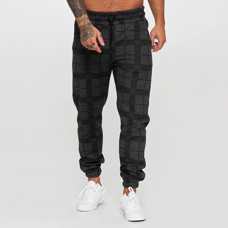 

2021 Fashion Plaid Printed Slim Fit Jogger Trousers For Men Casual Vintage Mens Streetwear New Autumn Mid Waist Drawstring Pants