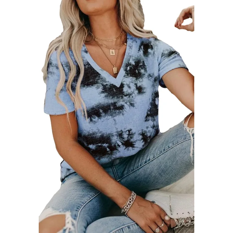 

2021 women's new tie-dye print V-neck short sleeve top tops graphic tee woman tshirts