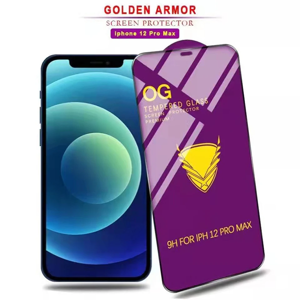 50Pcs Golden Armor OG Big Curved Full Glue For Iphone 11 12 13 Pro Max X XR XS Max 6 7 8 14 Plus Screen Protector Tempered Glass
