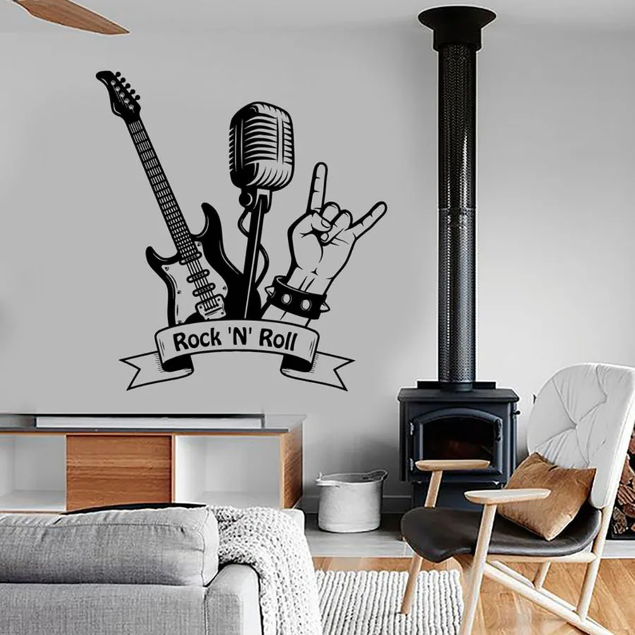 

Rock "N" Roll Wall Decal Music Rock Guitar Microphone Bar Music Room Interior Decor Vinyl Wall Sticker Mural art Cool A4-058