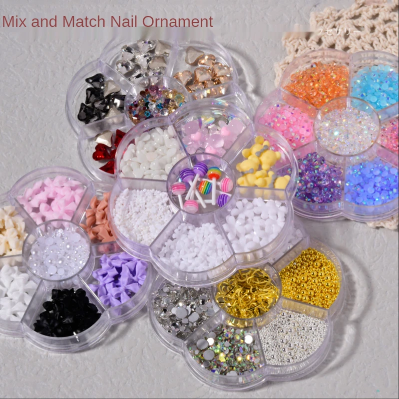 

7Grids/ Box Nail Ornaments Bowknot Aurora Bear Butterfly Pearl Mixed Style Set, 3D Nail Art Decoration Rhinestone Accessories