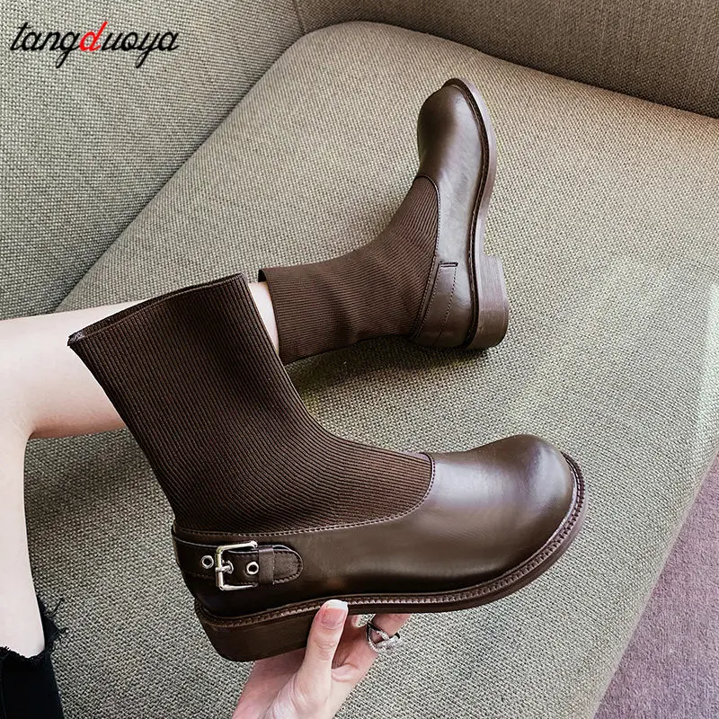 Женские вязаные эластичные ботильоны осенние женские короткие ботинки на низком