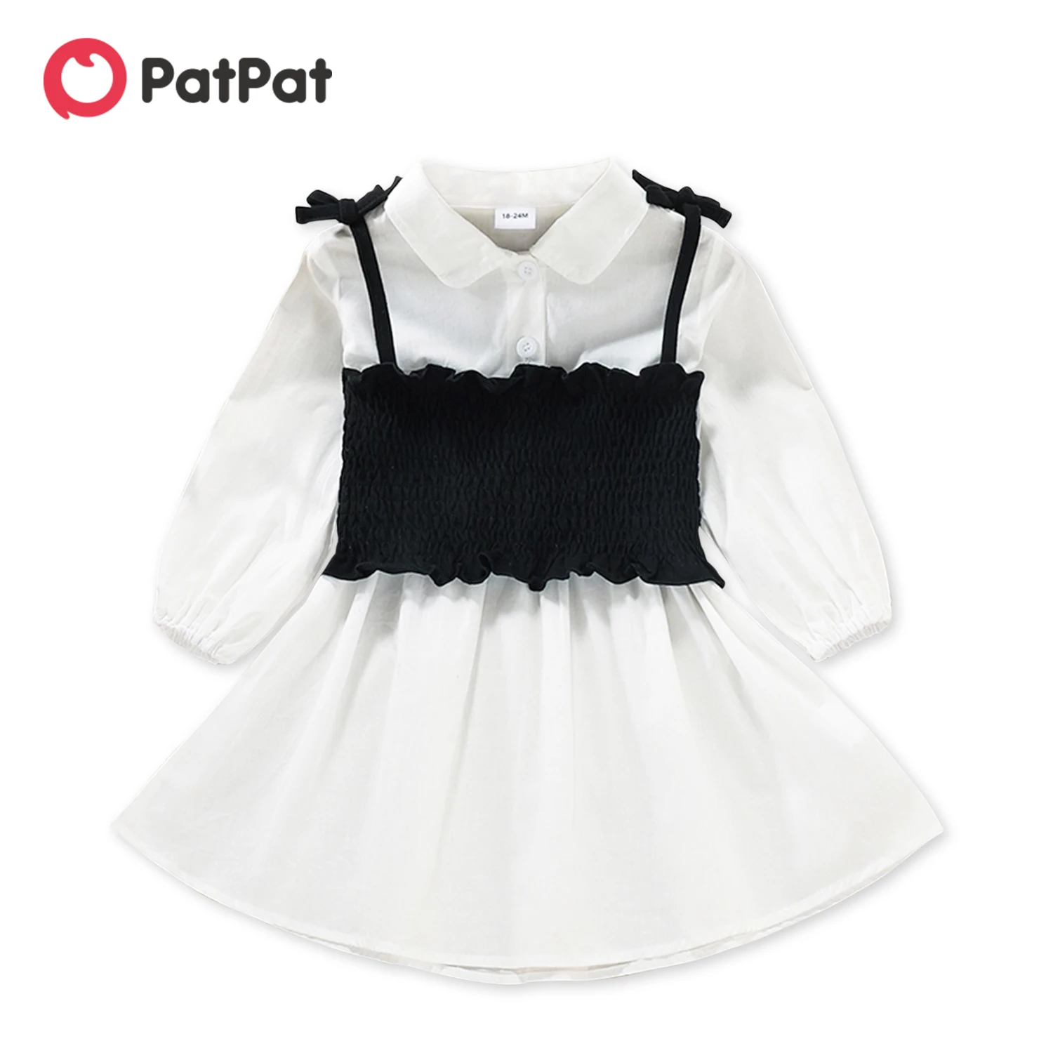 

PatPat 2-piece Toddler Girl 100% Cotton Lapel Collar Button Design White Shirt Dress and Black Smocked Tank Set