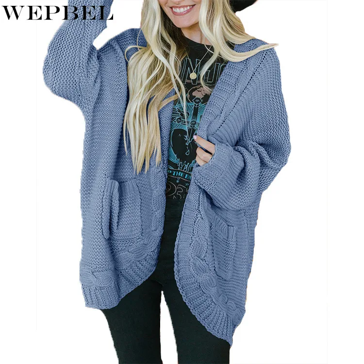 

WEPBEL Sweater Women's Casual Loose Solid Color Pocket Knitted Coat Autumn Fashion Long Sleeve Cardigan Irregular Sweater