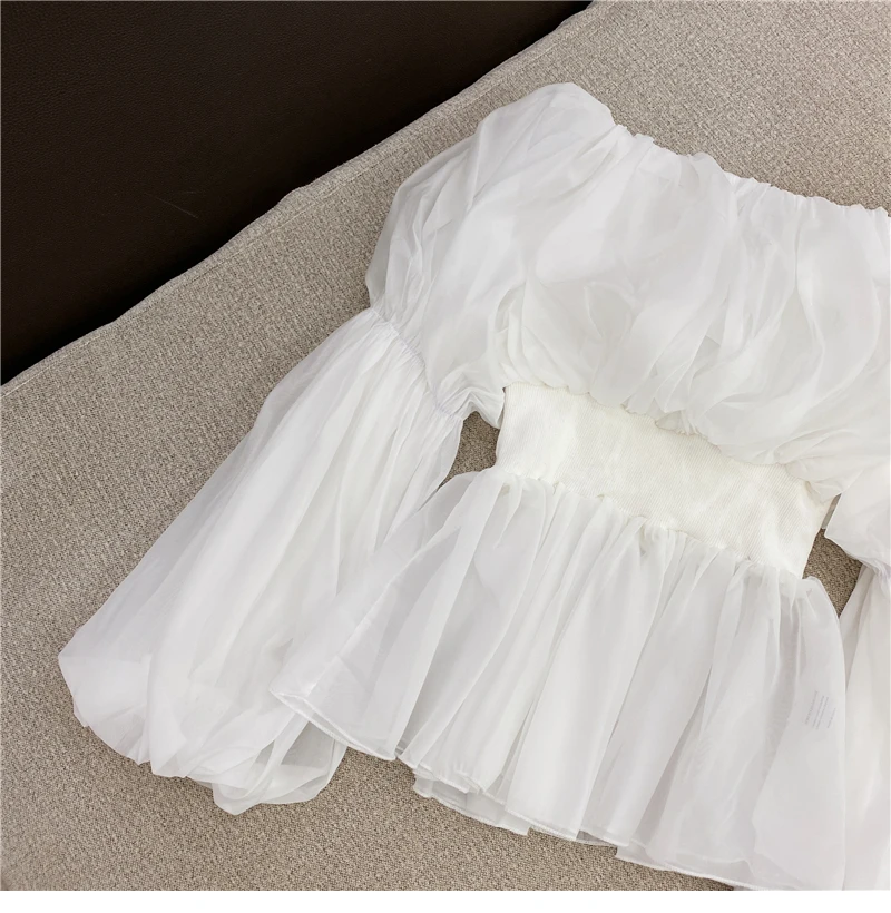

2021 Spring Summer New Fashionable Blouse Women Camisas Sweet Lantern Sleeve Slim Fit Off-Shoulder Mesh Top Blusas De Mujer