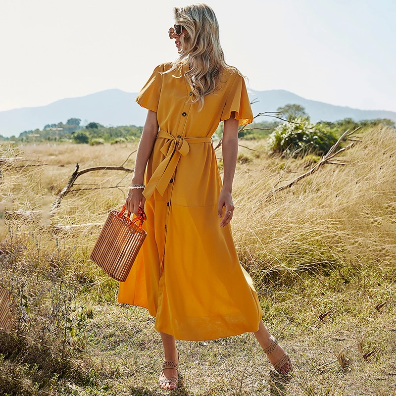 Женское Хлопковое платье-рубашка средней длины винтажное платье горчичного