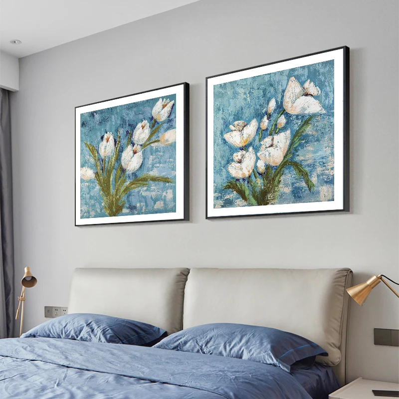 

Modern White Flowers Canvas Blue Poster Painted Picture Print Nordic Wall Art For Living Room Bedroom Dinning Room Decoration