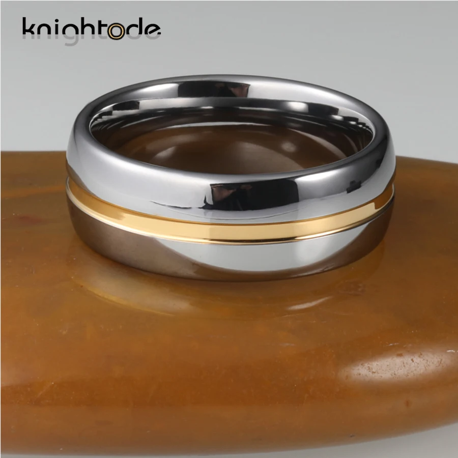 Золотой цвет Рифленое кольцо из карбида вольфрама купольное серебристое