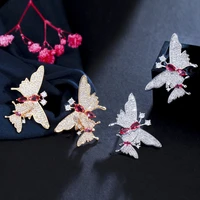 threegraces insect butterfly dangle earrings for women red cubic zirconia gold silver color fashion party dress jewelry er757