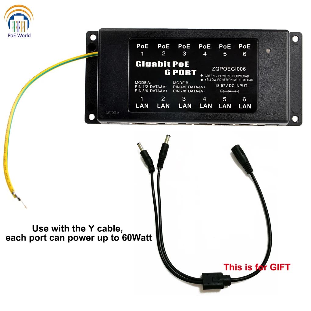 Два разъема до 60 Вт гигабитный POE 6-портовый Инжектор Power over Ethernet PoE для IP-камеры