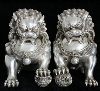 free shipping 10 lucky chinese silver home fengshui guardion lion foo fu dog statue pair hight 26cm