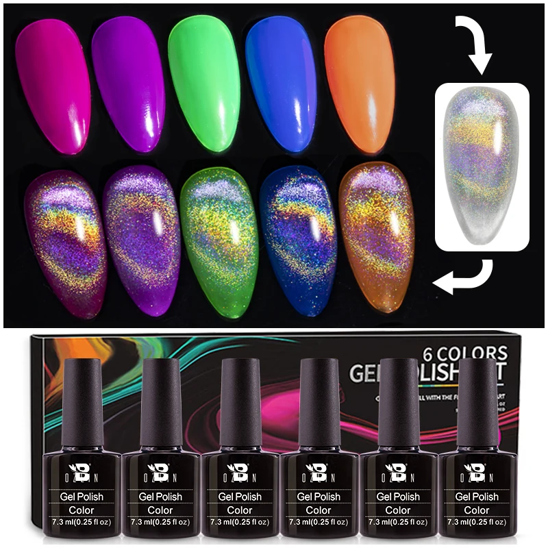 

BOZLIN New Universal Laser Rainbow Cat Eye 6 Colors Kit Reflective Glitter Gel Nail Polish Dazzling Spar Soak Off Gel Colorful