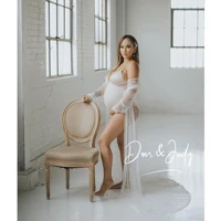 donjudy beading pearl maternity photography long dress full sleeve tulle long dress for maternity photo shoot 2021