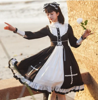 

kawaii girl gothic lolita op loli cos Gothic vintage sweet lolita dress falbala stand lantern sleeve high waist victorian dress