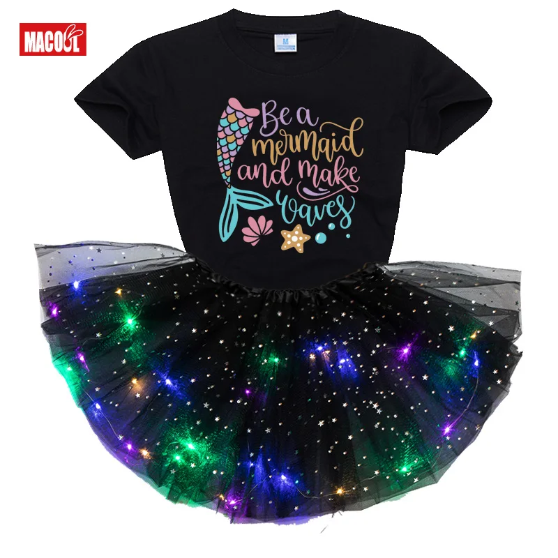 Rainbow Tutu Set Girls Outfits Skirt Tutu Dress Set Party Kids 2021 Summer Clothing Children Clothes Suit Kids Toddler Led Light