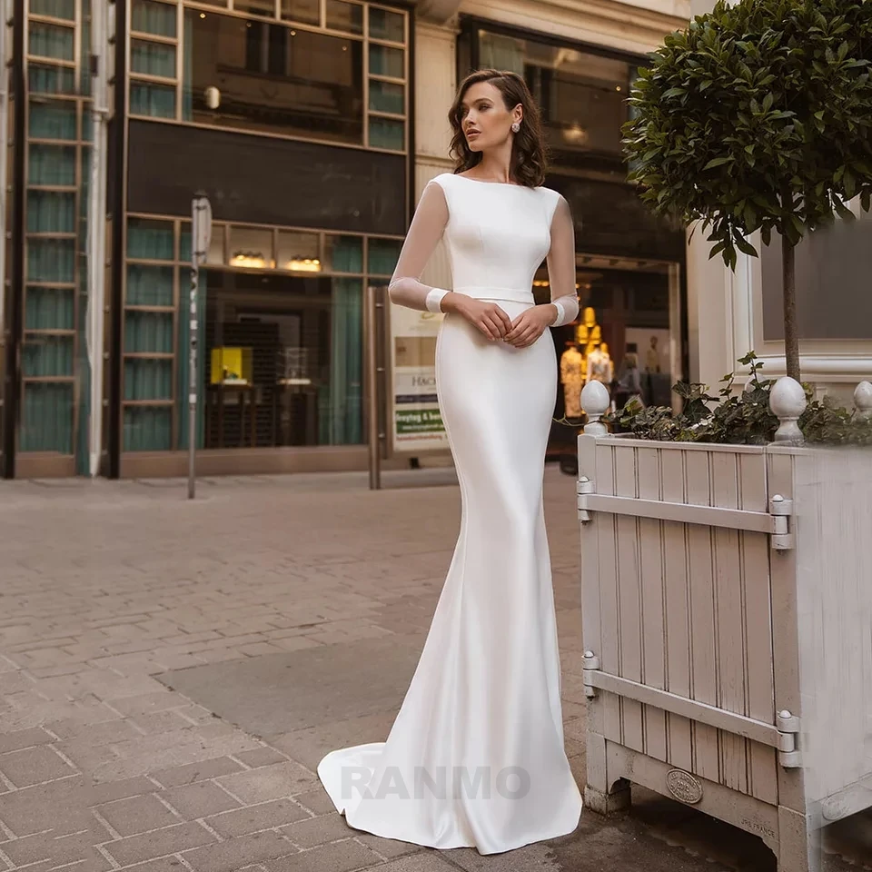 

RANMO Simple Elegant Mermaid Satin Wedding Dresses Boho Lace up Back Bride Gowns Long Sleeves Bridal Dress Customize
