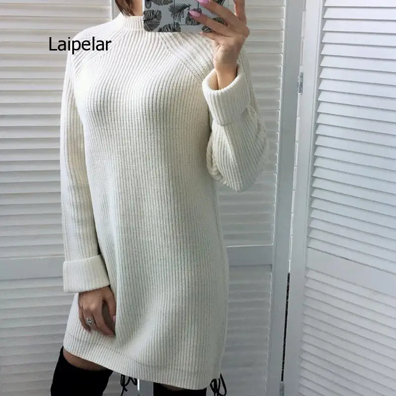 

Autumn Winter Solid Knitted Cotton Sweater Dresses Women Fashion Loose O-Neck Pullover Female Knitted Dress Vestidos Feminino