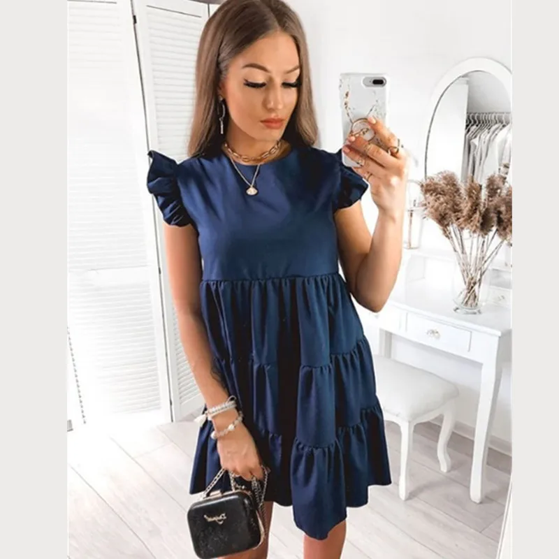 

2020 Women New Summer Sundress Casual Ruffles Sleeves Round Neck Boho Party Vestidos Elegant Mini Dress Fashion Vestido De Mujer