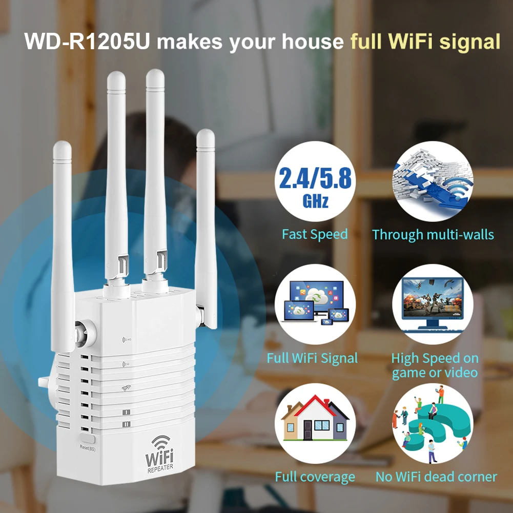 

WD-R1205U 1200 Мбит/с Wi-Fi ретранслятор 2,4 ГГц 5,8 расширитель диапазона Wi-Fi AP штепсельная вилка британского стандарта для бытовых компьютерные аксес...